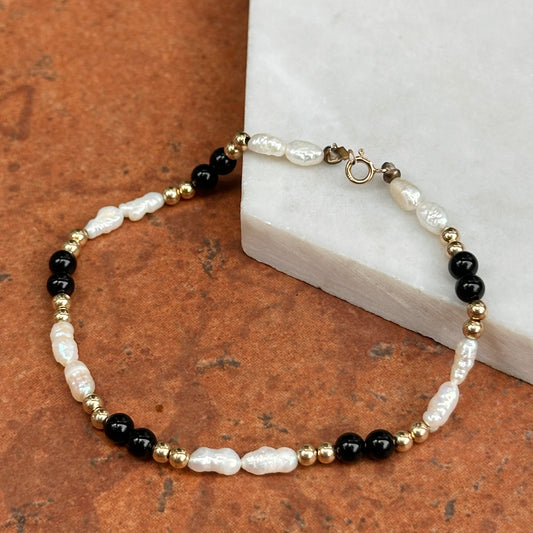 Estate 14KT Yellow Gold Bead, Freshwater Baroque Pearl and Onyx Bead Bracelet