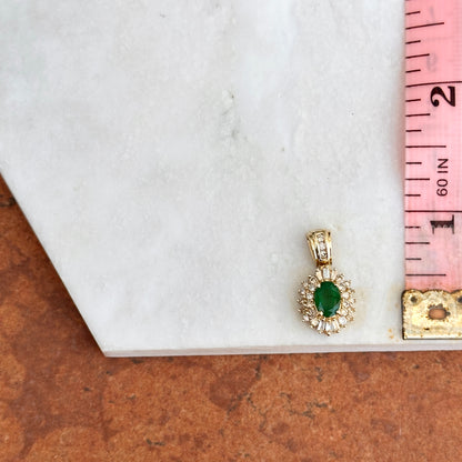 Estate 14KT Yellow Gold Oval Faceted Emerald + Diamond Pendant
