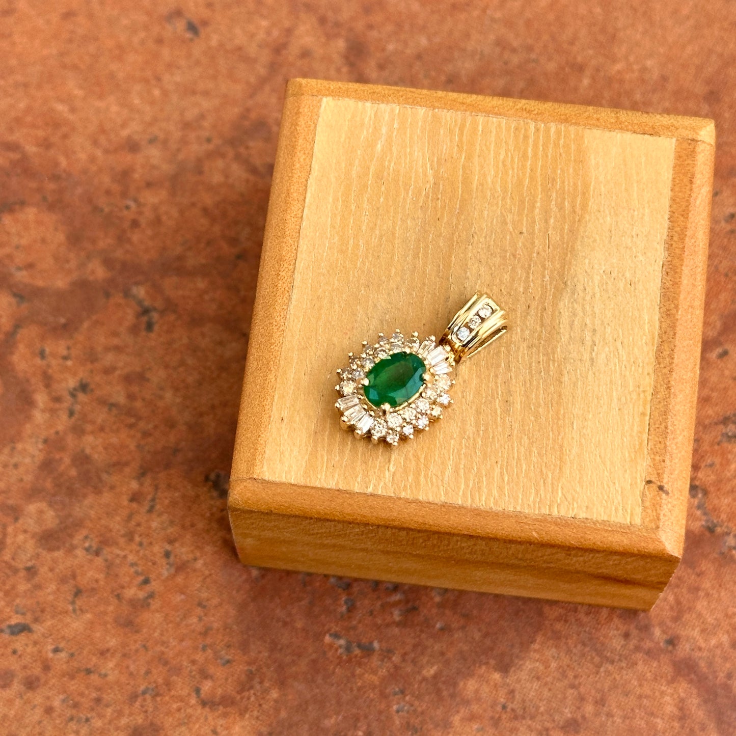 Estate 14KT Yellow Gold Oval Faceted Emerald + Diamond Pendant