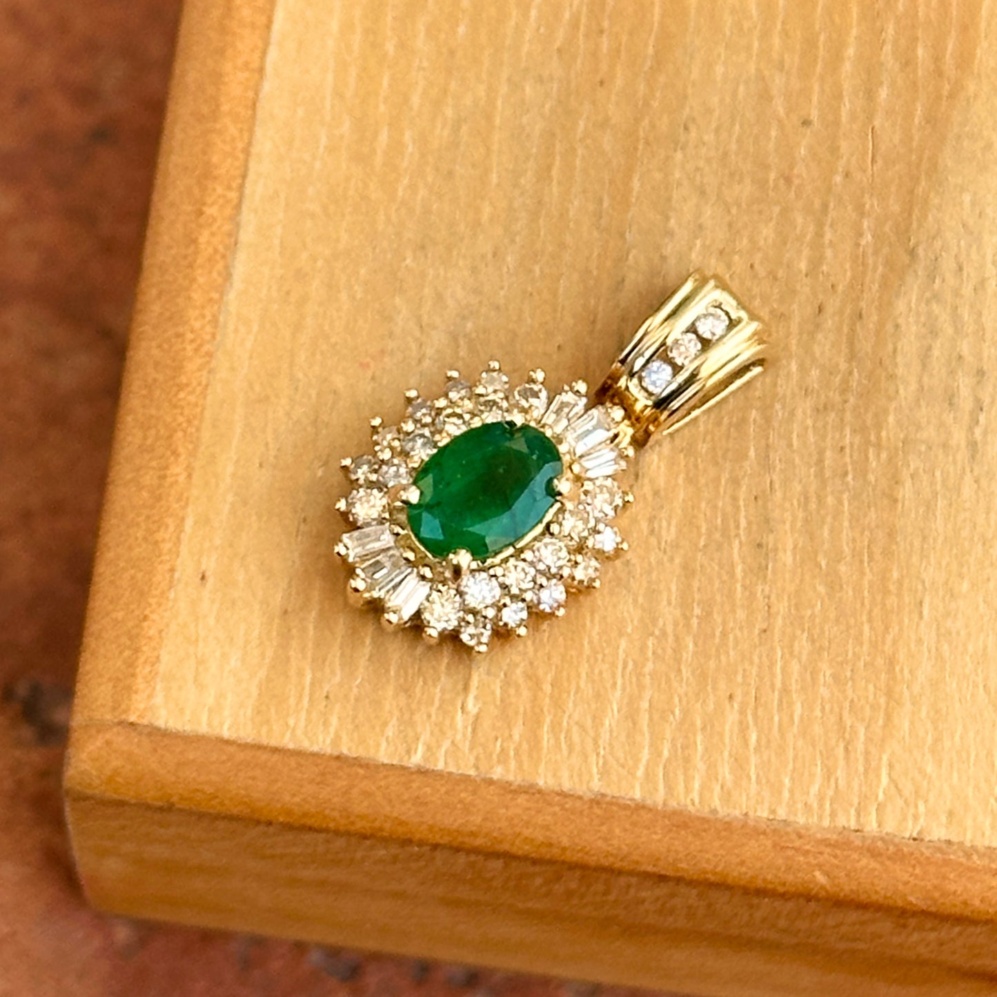 Estate 14KT Yellow Gold Oval Faceted Emerald + Diamond Pendant