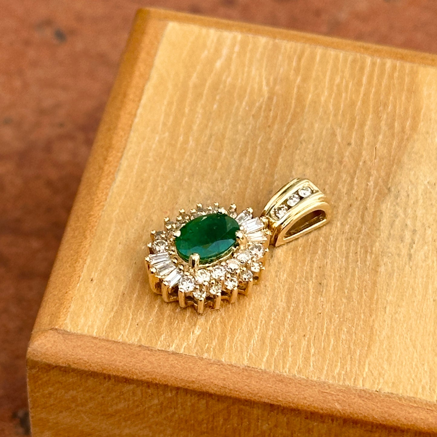 Estate 14KT Yellow Gold Oval Faceted Emerald + Diamond Pendant