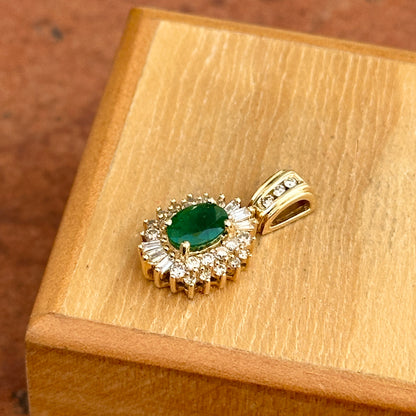Estate 14KT Yellow Gold Oval Faceted Emerald + Diamond Pendant