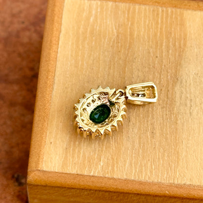 Estate 14KT Yellow Gold Oval Faceted Emerald + Diamond Pendant