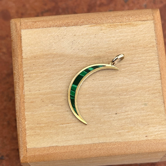 14KT Yellow Gold Skinny Malachite Crescent Moon Pendant Charm