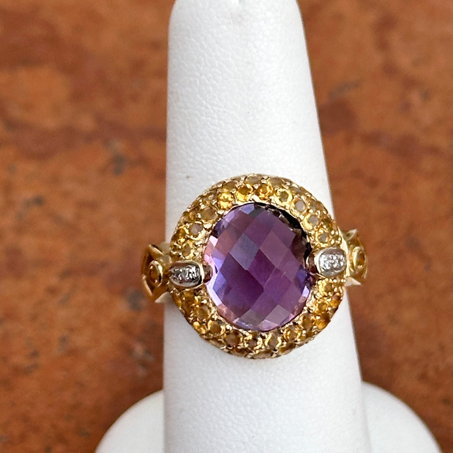 10KT Yellow Gold Oval Checkerboard Amethyst + Round Citrine Diamonds Ring