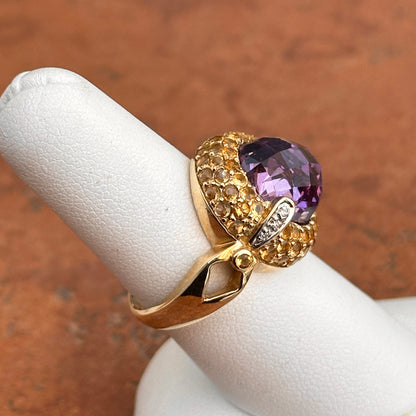 10KT Yellow Gold Oval Checkerboard Amethyst + Round Citrine Diamonds Ring