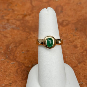 Estate 14KT Yellow Gold Oval Emerald + Burnished Diamond Ring