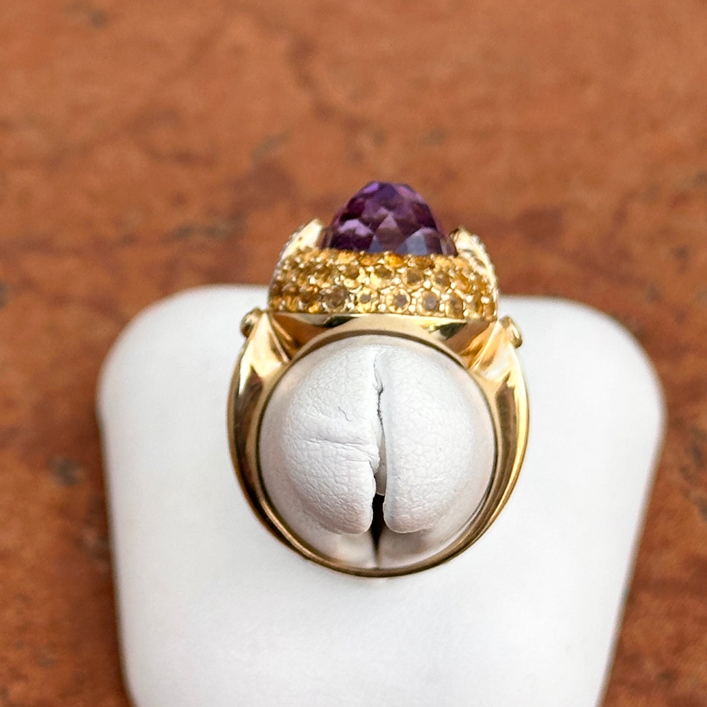 10KT Yellow Gold Oval Checkerboard Amethyst + Round Citrine Diamonds Ring