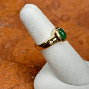 Estate 14KT Yellow Gold Oval Emerald + Burnished Diamond Ring
