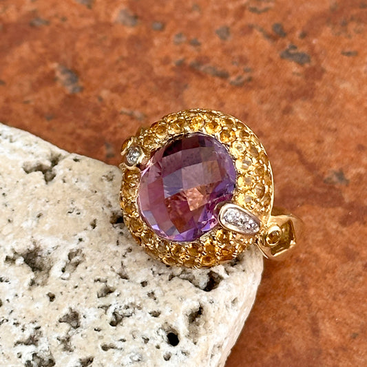 10KT Yellow Gold Oval Checkerboard Amethyst + Round Citrine Diamonds Ring