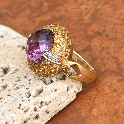10KT Yellow Gold Oval Checkerboard Amethyst + Round Citrine Diamonds Ring