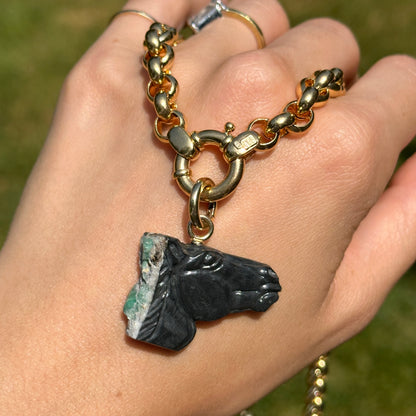 14KT Yellow Gold Carved Emerald Horse Head Pendant