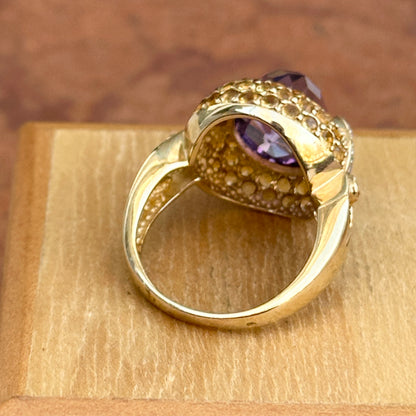 10KT Yellow Gold Oval Checkerboard Amethyst + Round Citrine Diamonds Ring