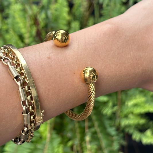 Estate Yellow Gold Tone Twisted Wire Ball End Caps Bracelet