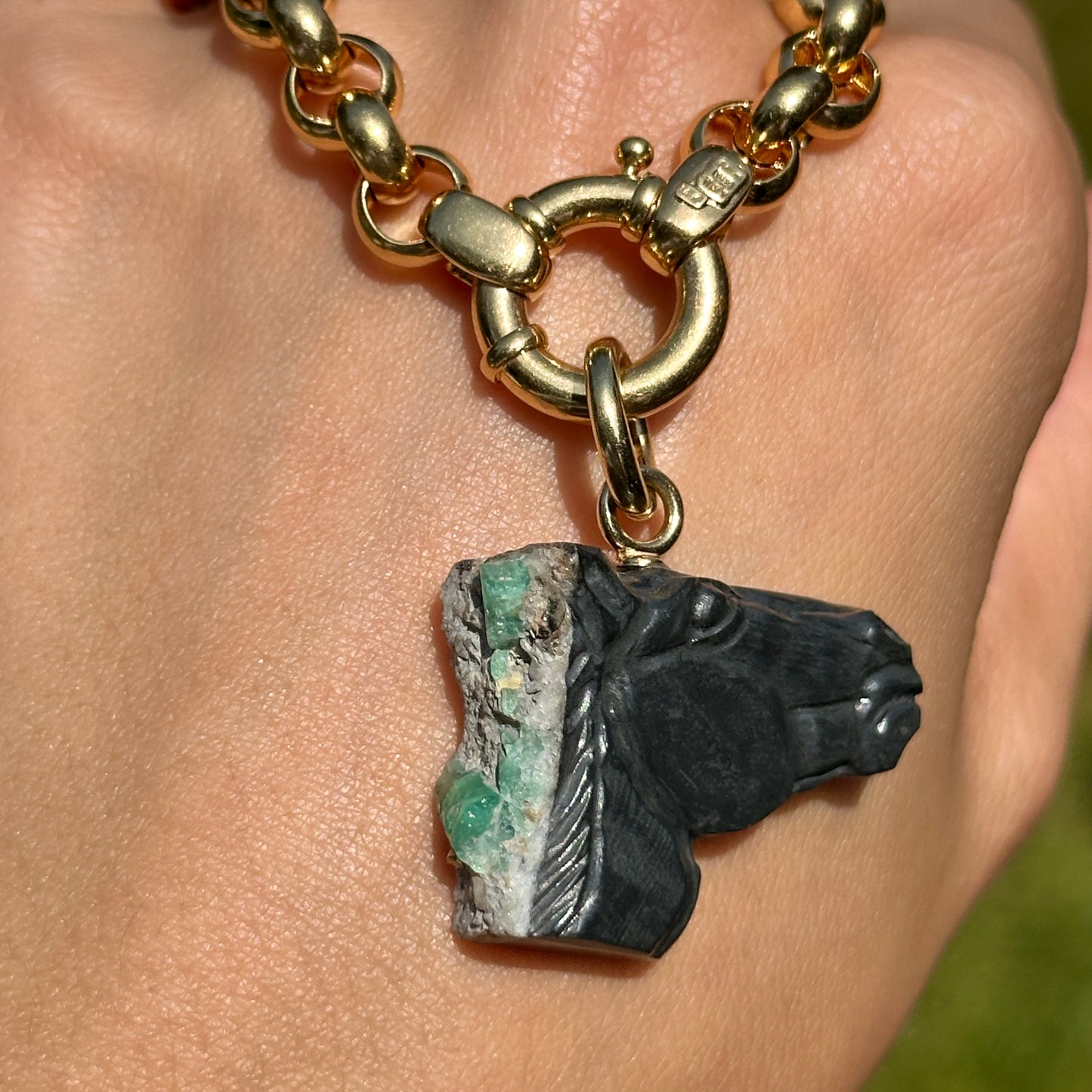 14KT Yellow Gold Carved Emerald Horse Head Pendant