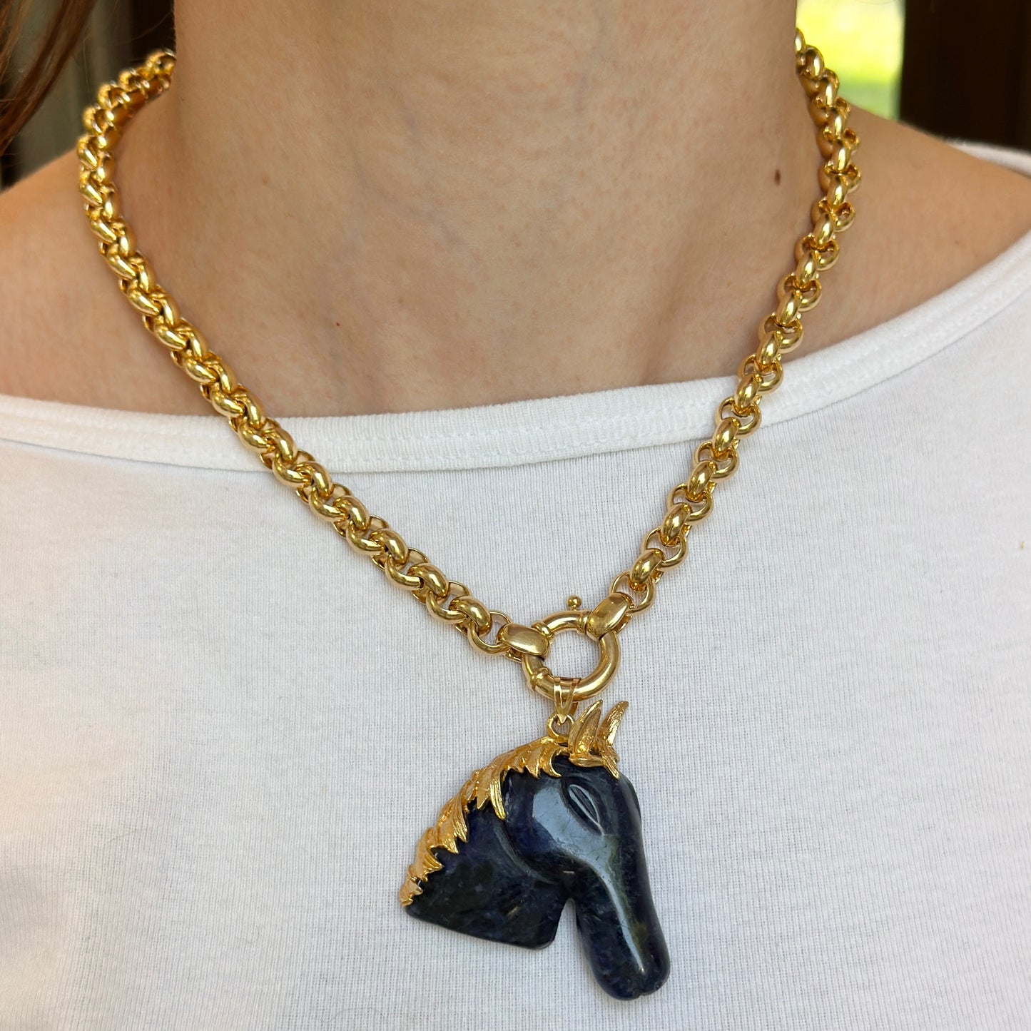 Estate Gold-Tone Carved Sodalite Horse Head Pendant