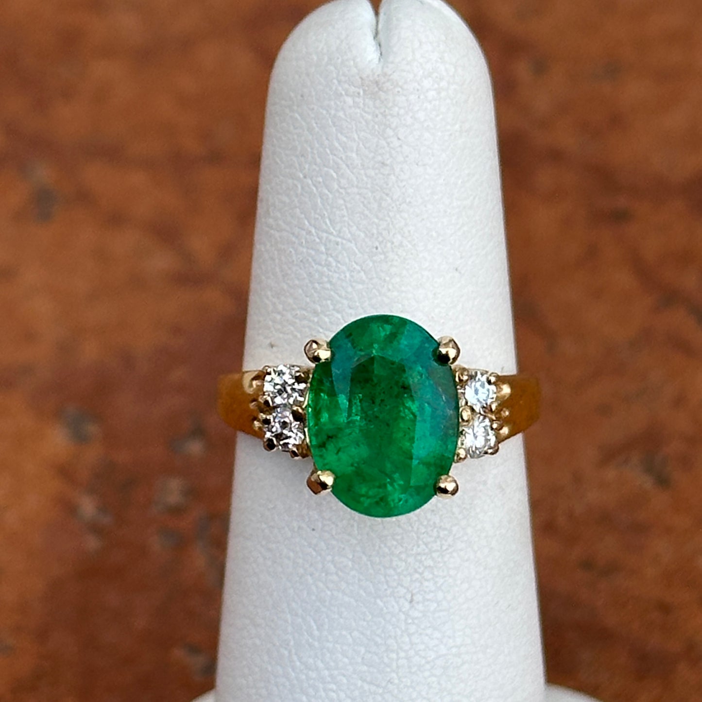 14KT Yellow Gold Oval 3.48 CT Emerald + Round Diamond Ring