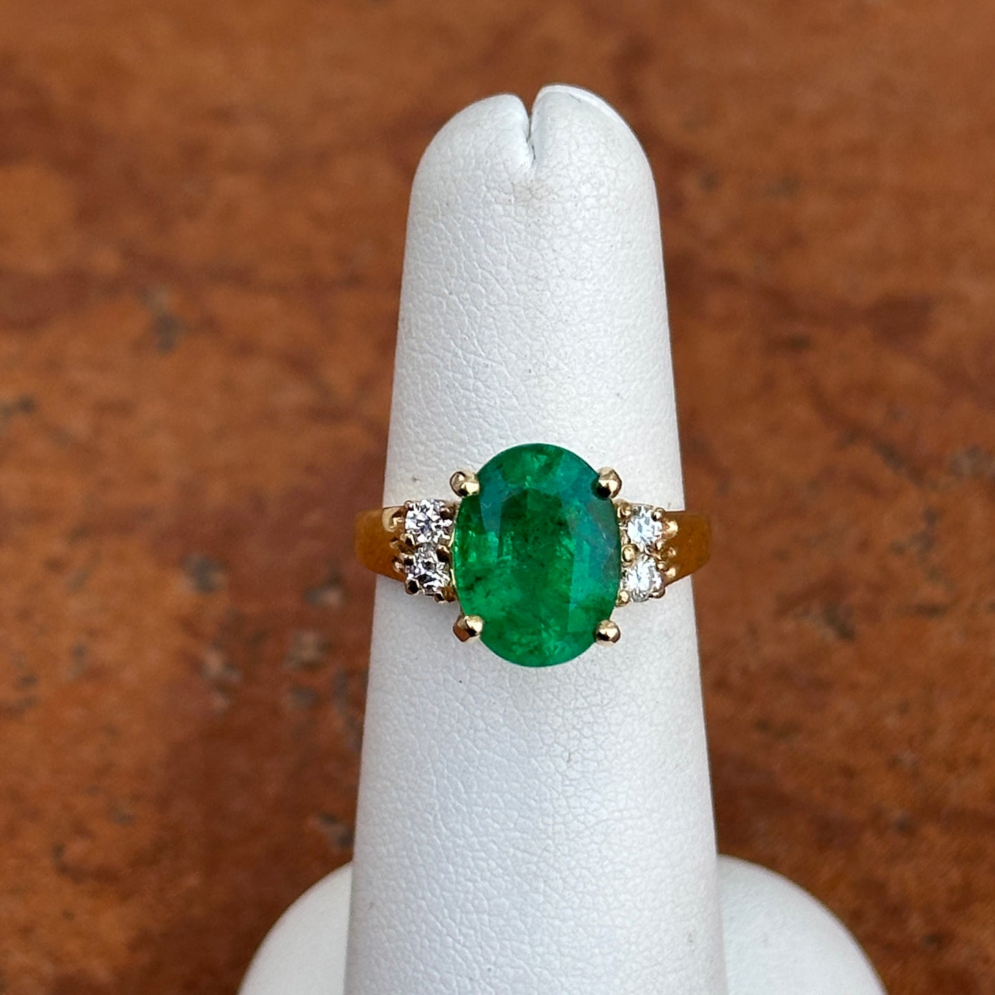 14KT Yellow Gold Oval 3.48 CT Emerald + Round Diamond Ring