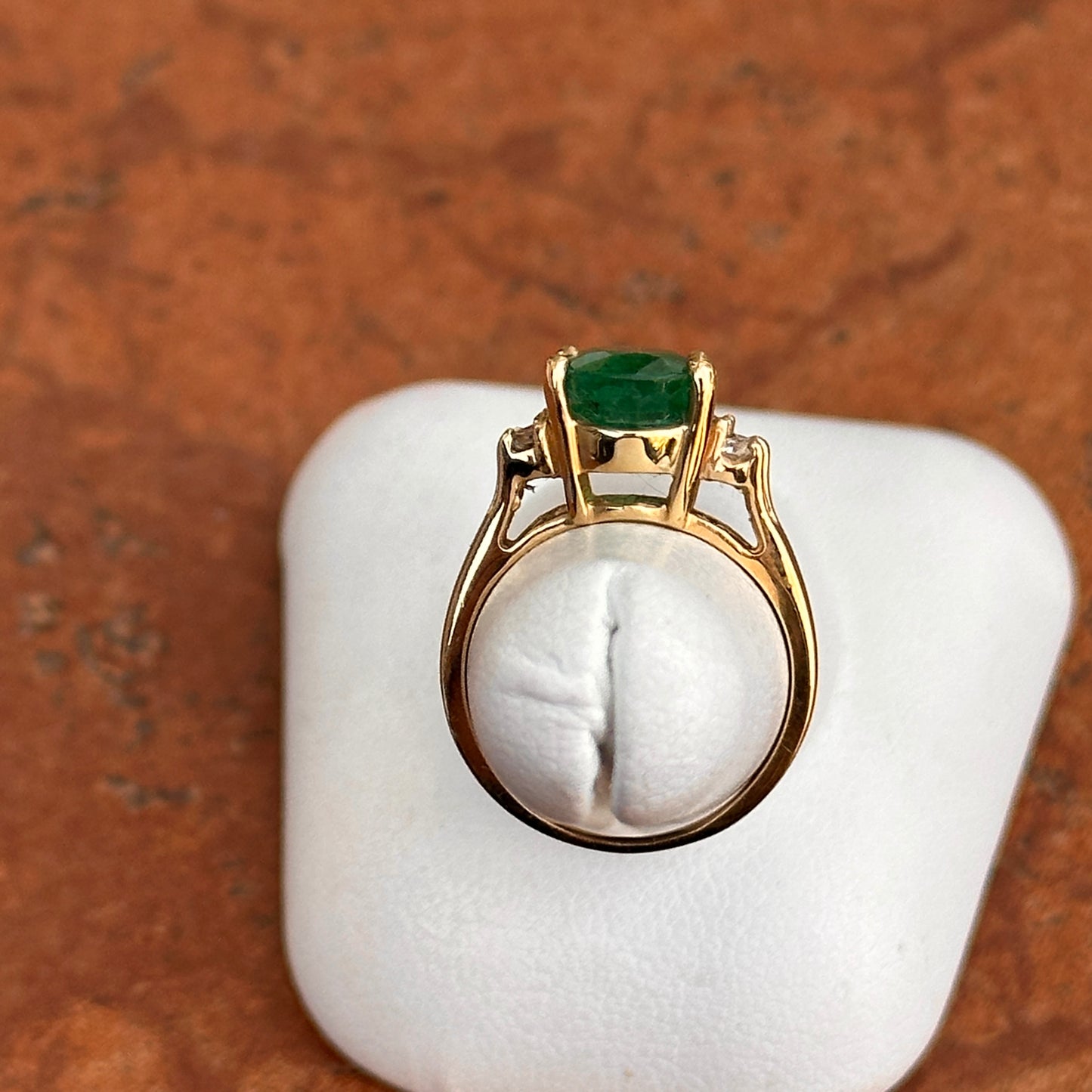 14KT Yellow Gold Oval 3.48 CT Emerald + Round Diamond Ring
