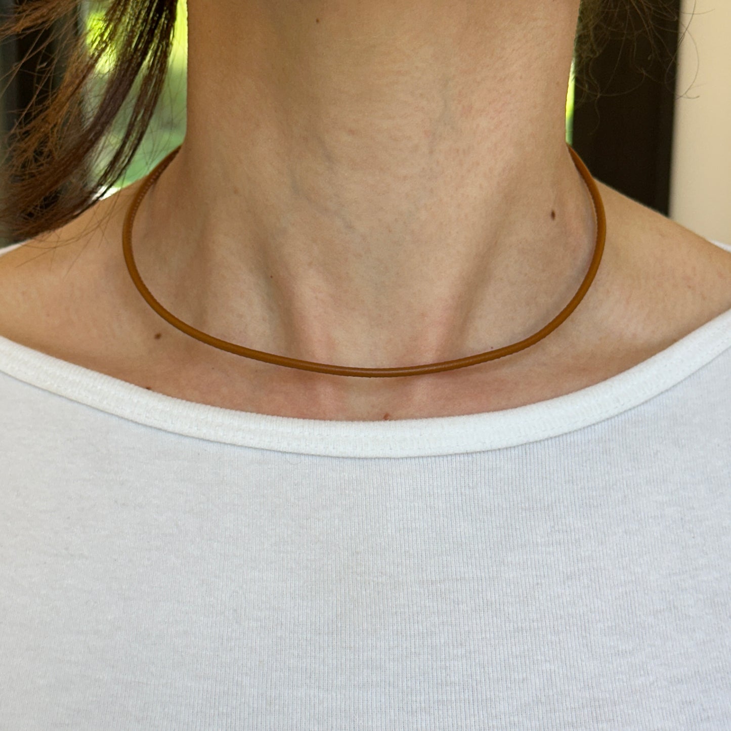 14KT Yellow Gold 2.5mm Cognac Brown Stitched Leather Necklace