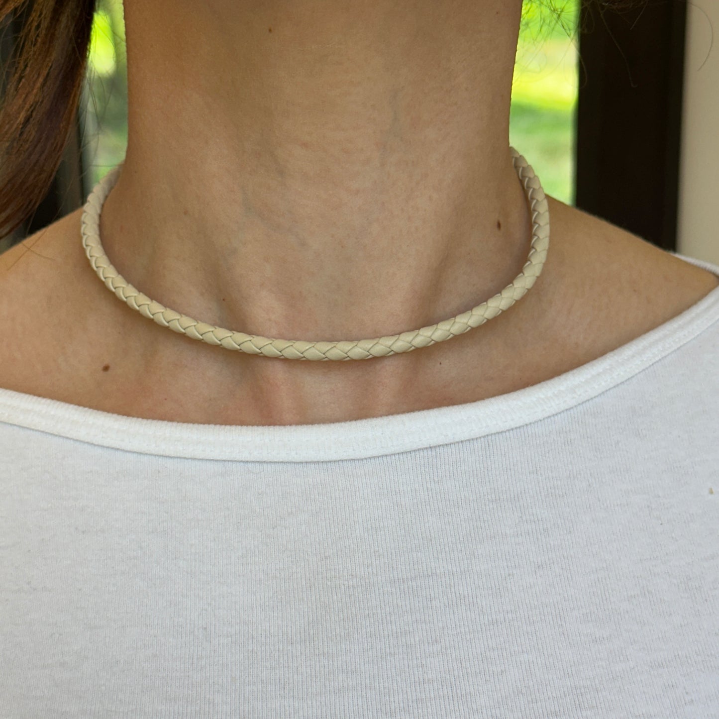 Gold-Plated Steel 5mm Beige Braided Leather Necklace