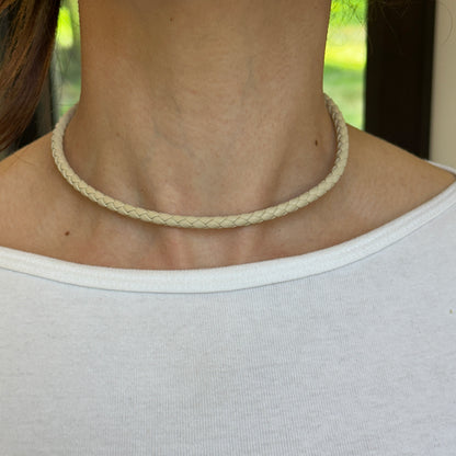 Gold-Plated Steel 5mm Beige Braided Leather Necklace