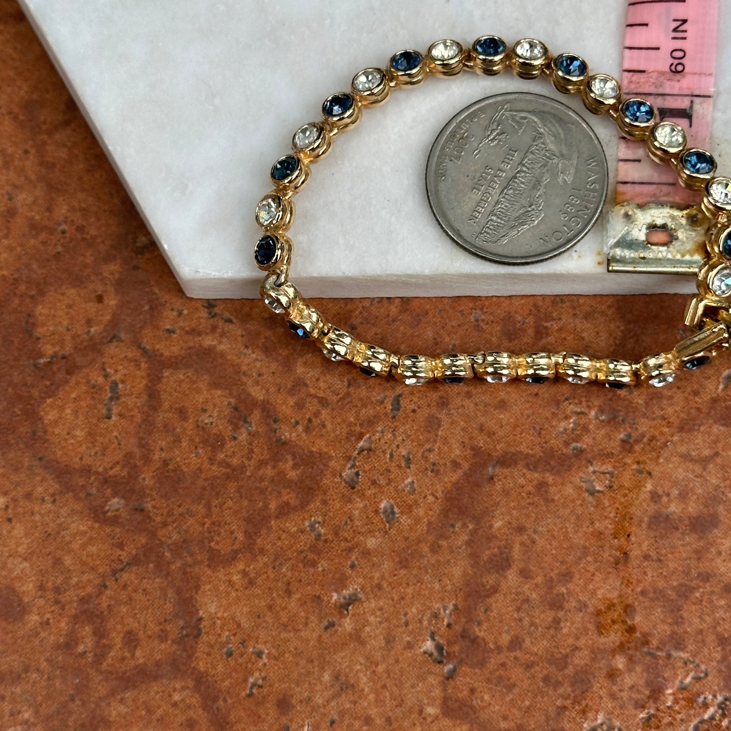 Estate Yellow Gold-Plated Round Synthetic Sapphire & Diamond Tennis Bracelet 7''