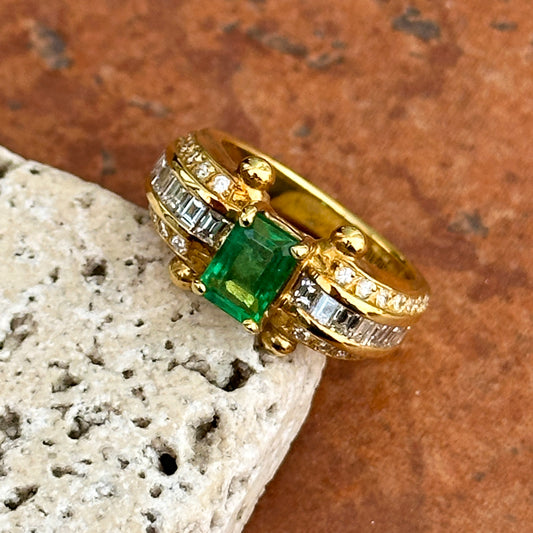 18KT Yellow Gold Emerald Cut Green Emerald + Round and Baguette Diamond Ring