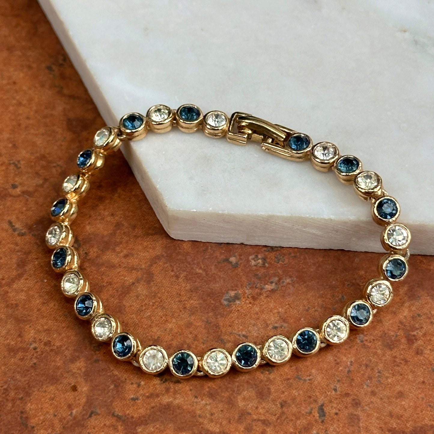 Estate Yellow Gold-Plated Round Synthetic Sapphire & Diamond Tennis Bracelet 7''