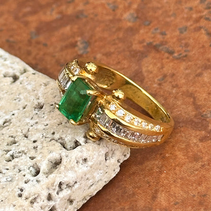 18KT Yellow Gold Emerald Cut Green Emerald + Round and Baguette Diamond Ring
