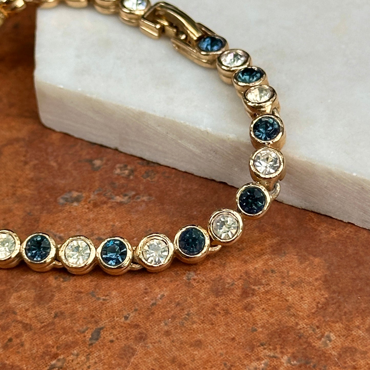 Estate Yellow Gold-Plated Round Synthetic Sapphire & Diamond Tennis Bracelet 7''
