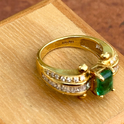 18KT Yellow Gold Emerald Cut Green Emerald + Round and Baguette Diamond Ring