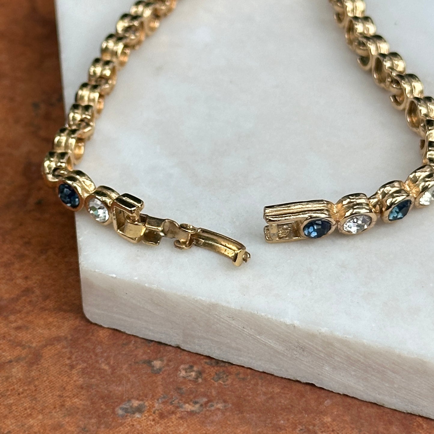 Estate Yellow Gold-Plated Round Synthetic Sapphire & Diamond Tennis Bracelet 7''