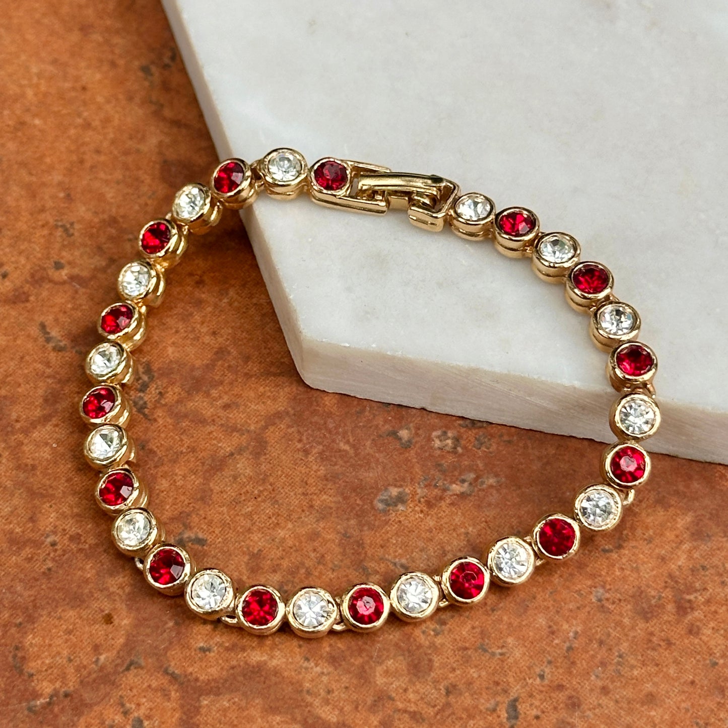 Estate Yellow Gold-Plated Round Synthetic Ruby & Diamond Tennis Bracelet 7''