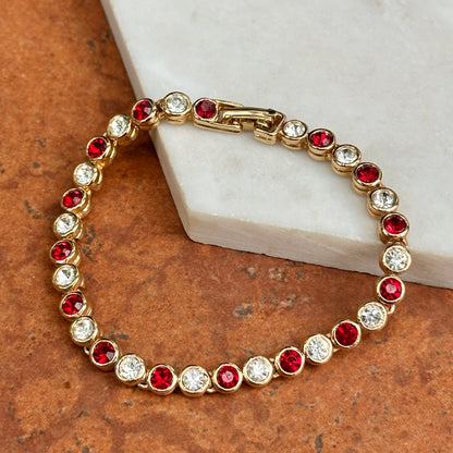 Estate Yellow Gold-Plated Round Synthetic Ruby & Diamond Tennis Bracelet 7''