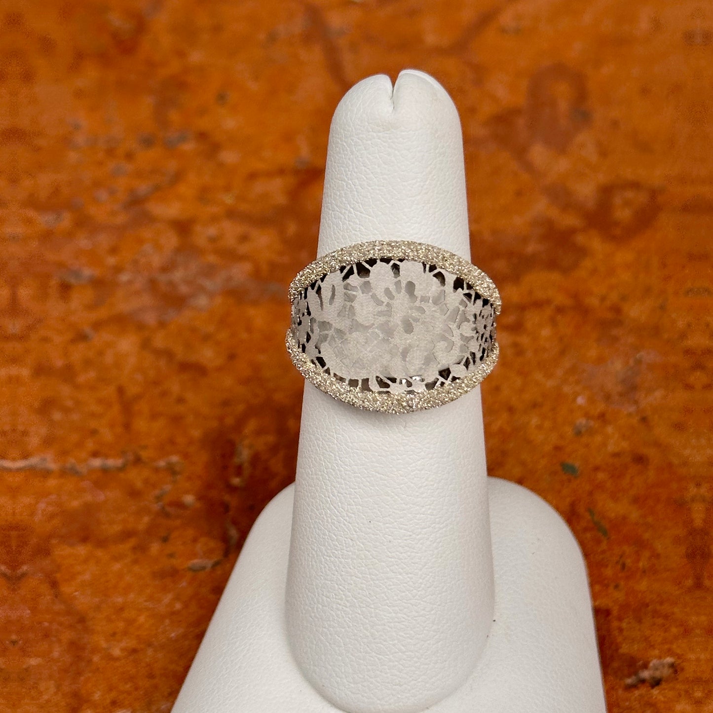 Estate 14KT White Gold Diamond-Cut Floral Open Work Ring