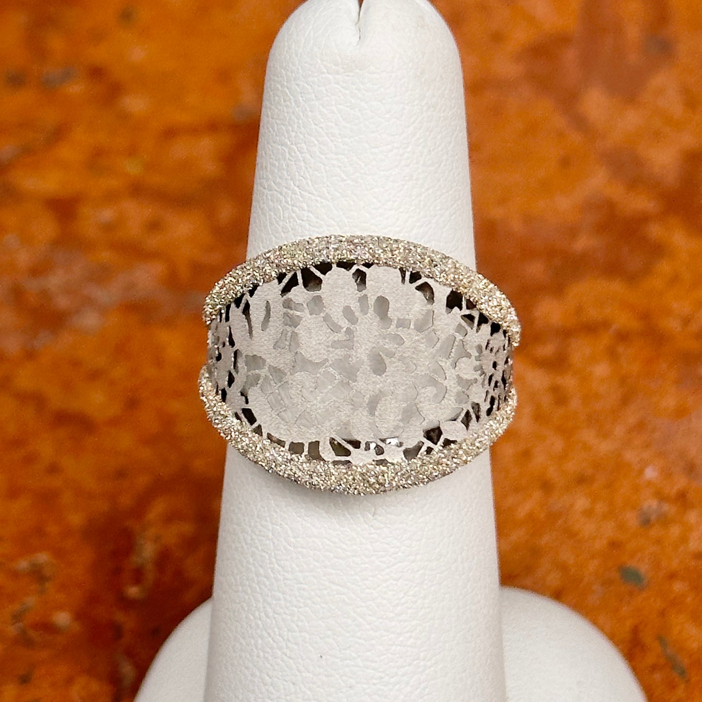 Estate 14KT White Gold Diamond-Cut Floral Open Work Ring