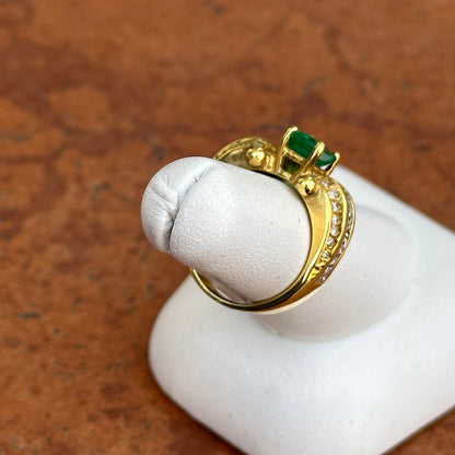 18KT Yellow Gold Emerald Cut Green Emerald + Round and Baguette Diamond Ring