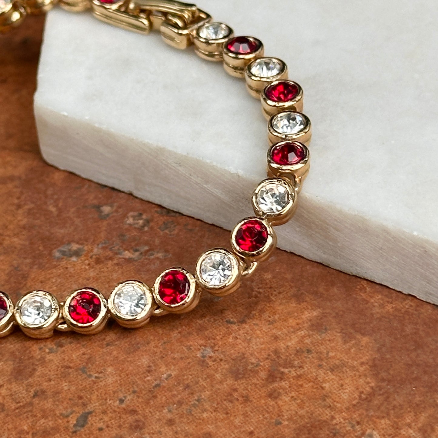 Estate Yellow Gold-Plated Round Synthetic Ruby & Diamond Tennis Bracelet 7''