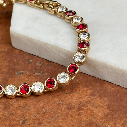 Estate Yellow Gold-Plated Round Synthetic Ruby & Diamond Tennis Bracelet 7''