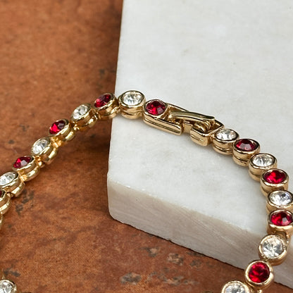 Estate Yellow Gold-Plated Round Synthetic Ruby & Diamond Tennis Bracelet 7''