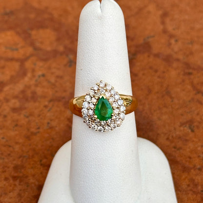 Estate 14KT Yellow Gold Pear Emerald + Double Halo Round Diamond Ring