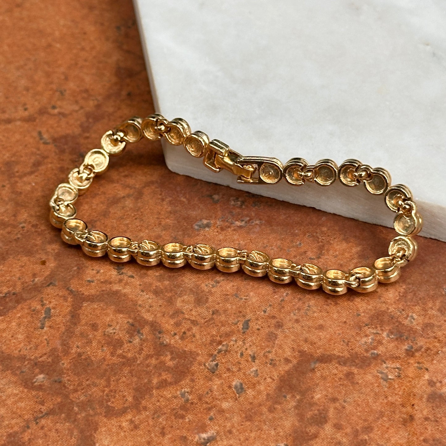 Estate Yellow Gold-Plated Round Synthetic Ruby & Diamond Tennis Bracelet 7''