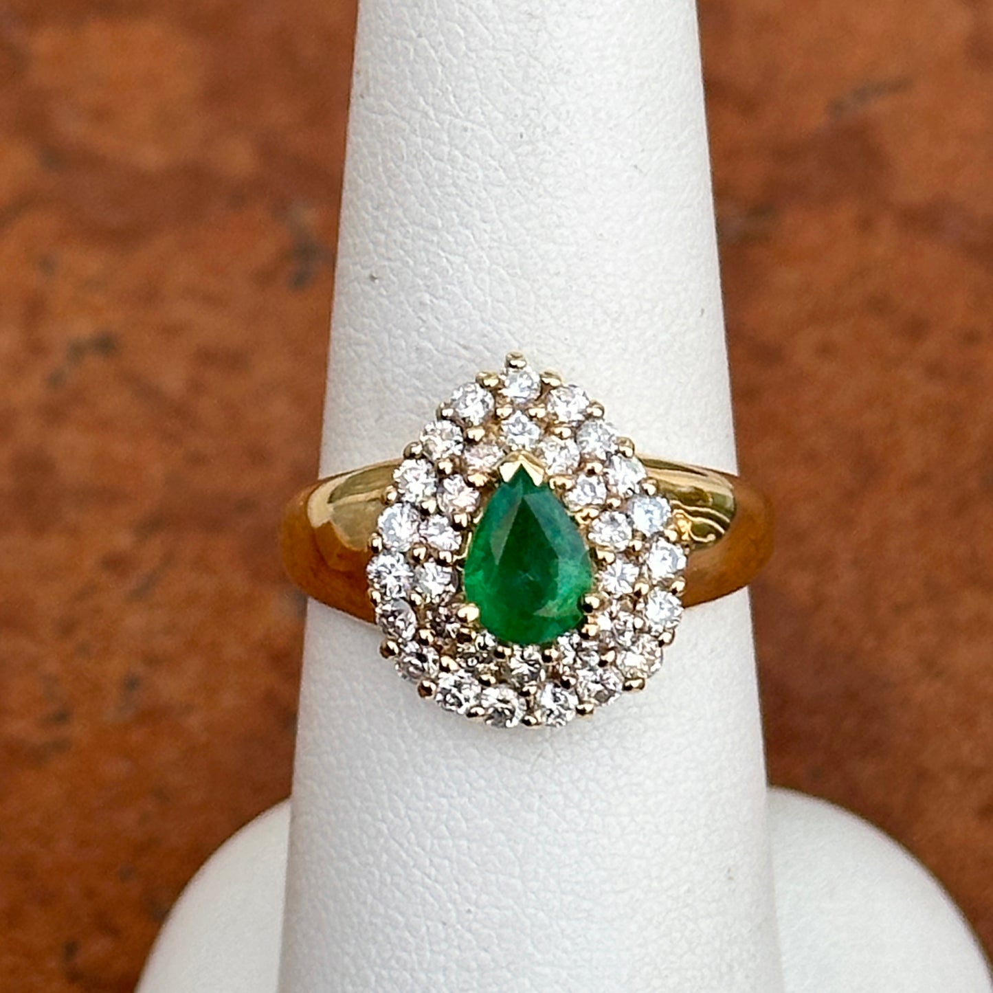 Estate 14KT Yellow Gold Pear Emerald + Double Halo Round Diamond Ring