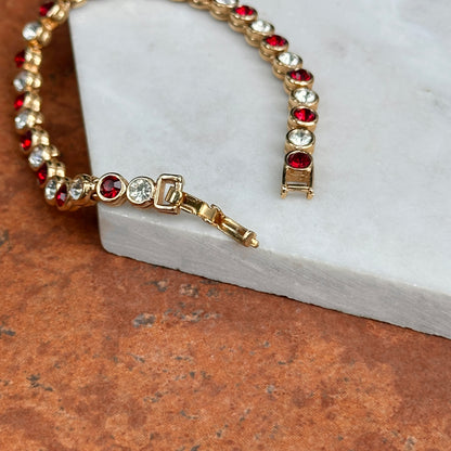 Estate Yellow Gold-Plated Round Synthetic Ruby & Diamond Tennis Bracelet 7''