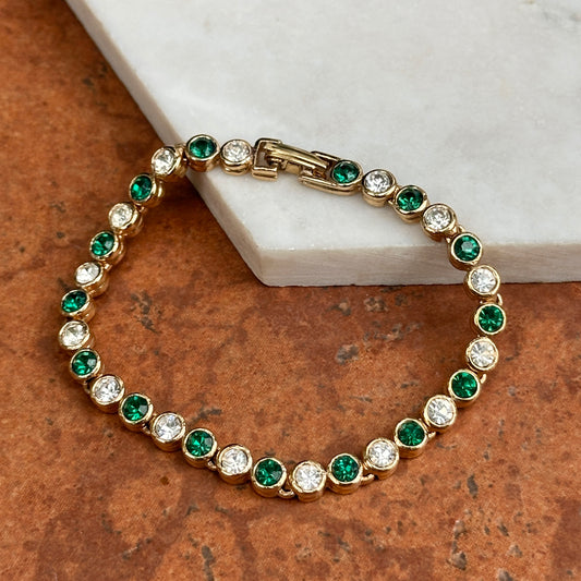 Estate Yellow Gold-Plated Round Synthetic Emerald & Diamond Tennis Bracelet 7''