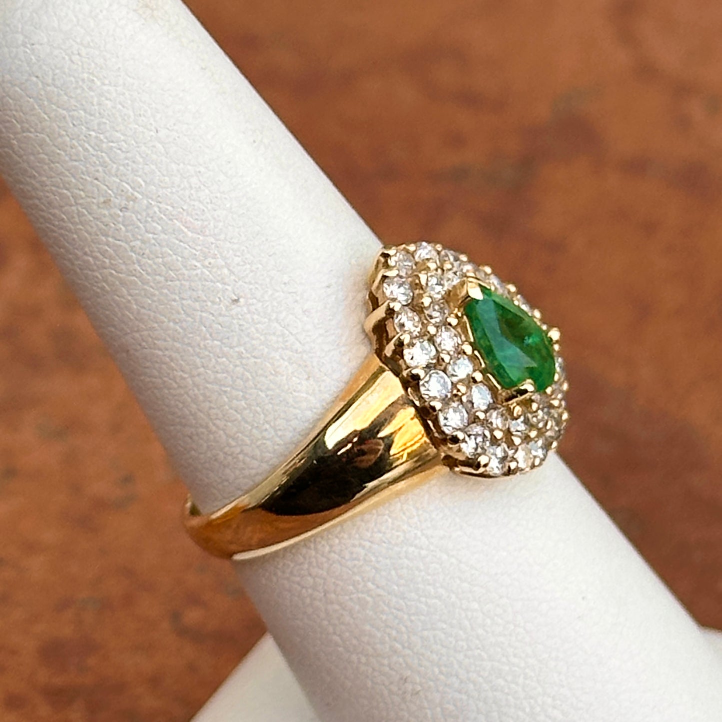 Estate 14KT Yellow Gold Pear Emerald + Double Halo Round Diamond Ring