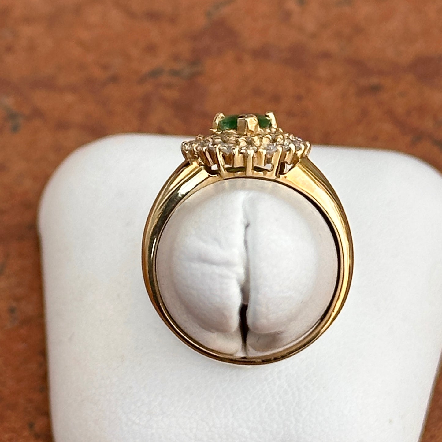 Estate 14KT Yellow Gold Pear Emerald + Double Halo Round Diamond Ring
