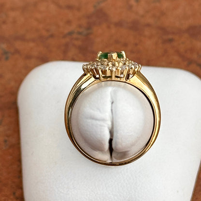 Estate 14KT Yellow Gold Pear Emerald + Double Halo Round Diamond Ring