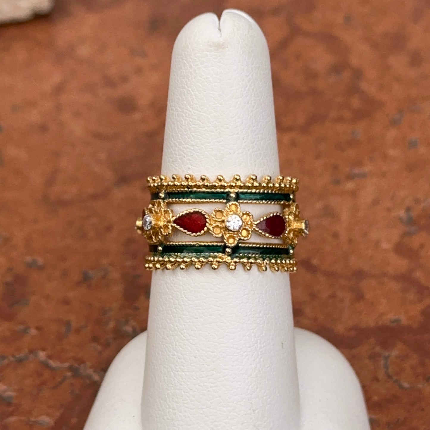 Estate 22KT Yellow Gold Enamel + Diamond Flower Band Ring